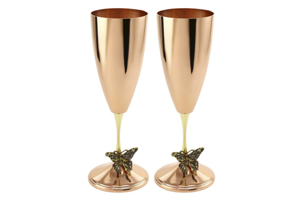 Набор бокалов для шампанского Кольчугинский мельхиор Бабочки с чернью 150 мл, 2 шт, медь
