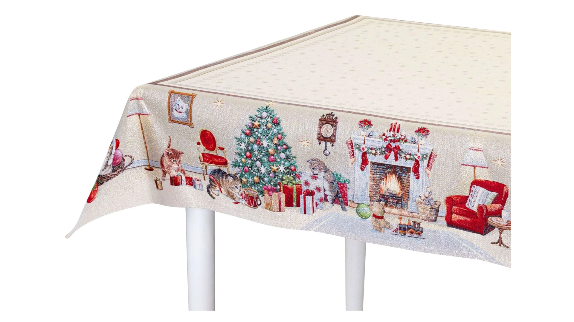 Скатерть прямоугольная Mix&Match Home Котята у камина 140х180 см, гобелен, бежевый
