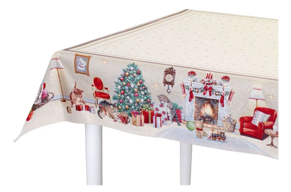 Скатерть прямоугольная Mix&Match Home Котята у камина 140х180 см, гобелен, бежевый