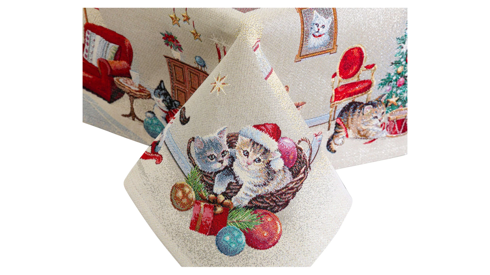 Скатерть прямоугольная Mix&Match Home Котята у камина 140х180 см, гобелен, бежевый