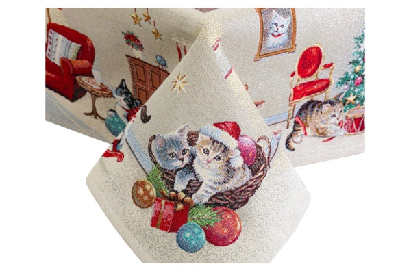 Скатерть прямоугольная Mix&Match Home Котята у камина 140х180 см, гобелен, бежевый