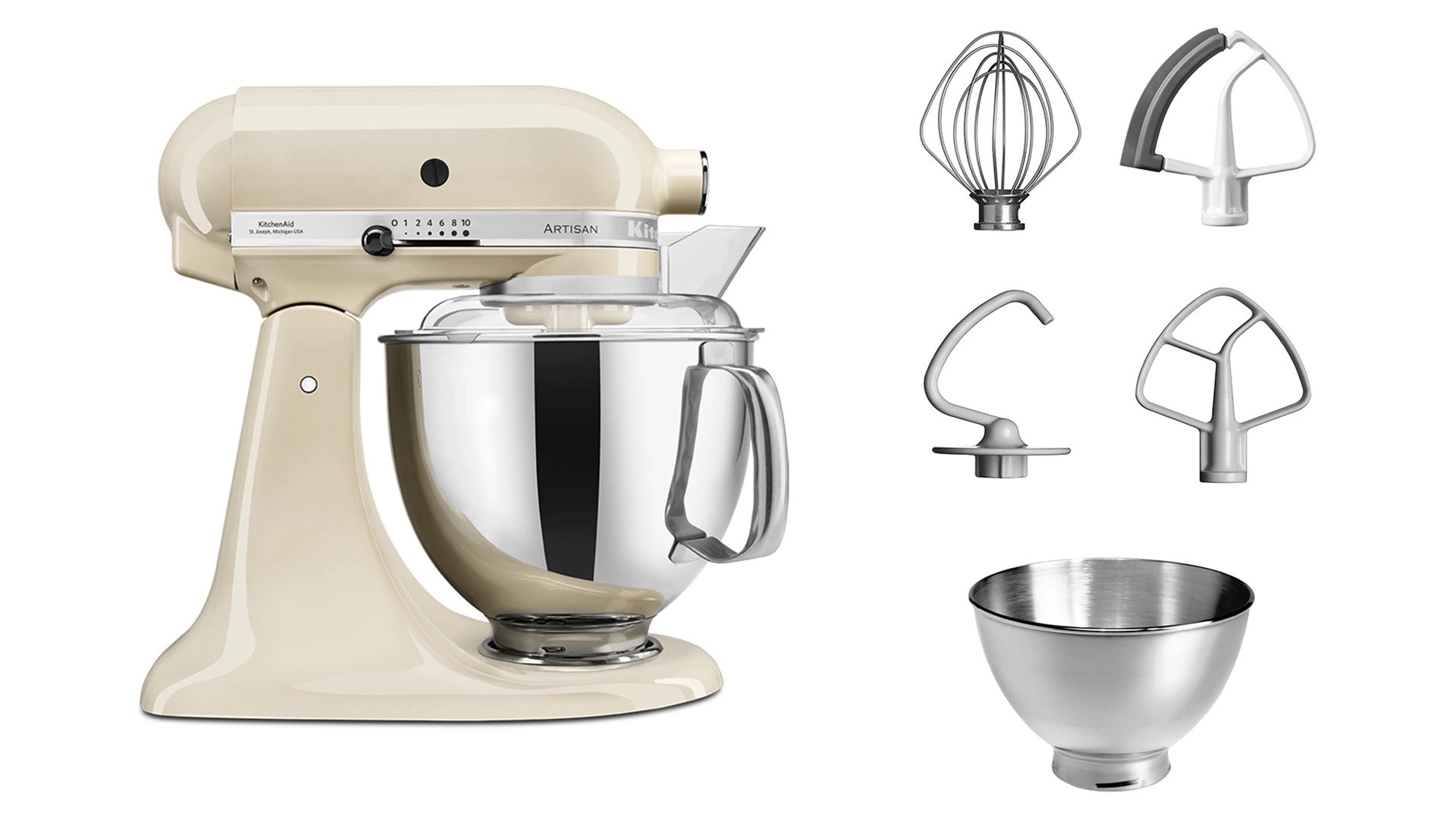 Миксер планетарный KitchenAid Artisan 4,8 л, кремовый, 5KSM175PSEAC, 4 насадки, доп.чаша