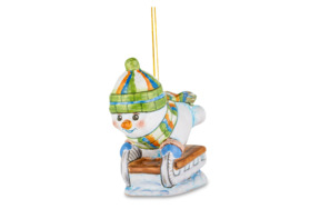 Игрушка елочная Ярославская майолика Снеговик на санках 8 см, керамика