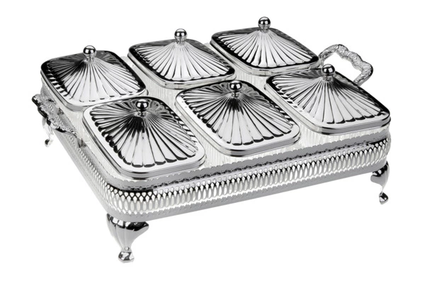 Мармит для 6 блюд с крышками Queen Anne 30,5х26,5х15 см, сталь, стекло, посеребрение