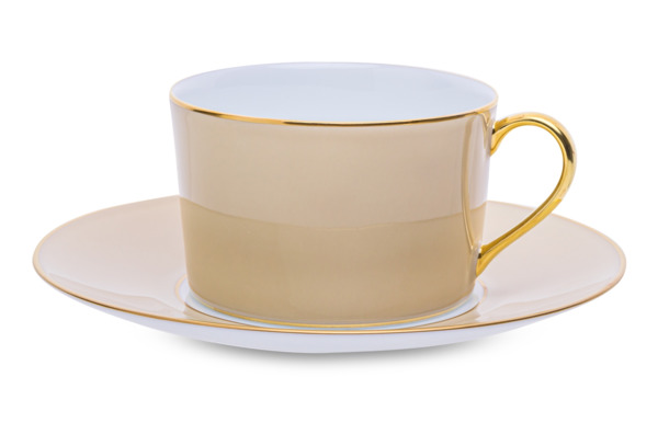 Чашка чайная с блюдцем Legle Под солнцем 250 мл, фарфор, бежевая, матовый золотой кант