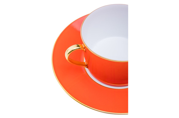 Чашка чайная с блюдцем Legle Под солнцем 250 мл, фарфор, коралловая, матовый золотой кант