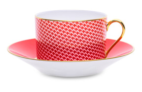 Чашка чайная с блюдцем Legle Гусиная лапка 250 мл, фарфор, красная, матовый золотой кант, п/к