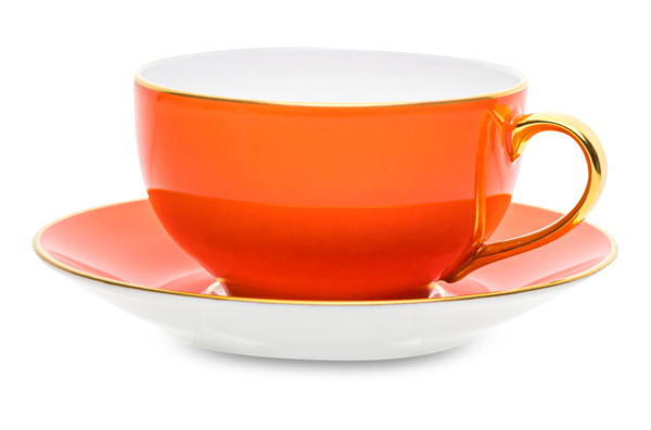Чашка чайная с блюдцем Legle Под солнцем 280 мл, фарфор, коралловая, золотой кант