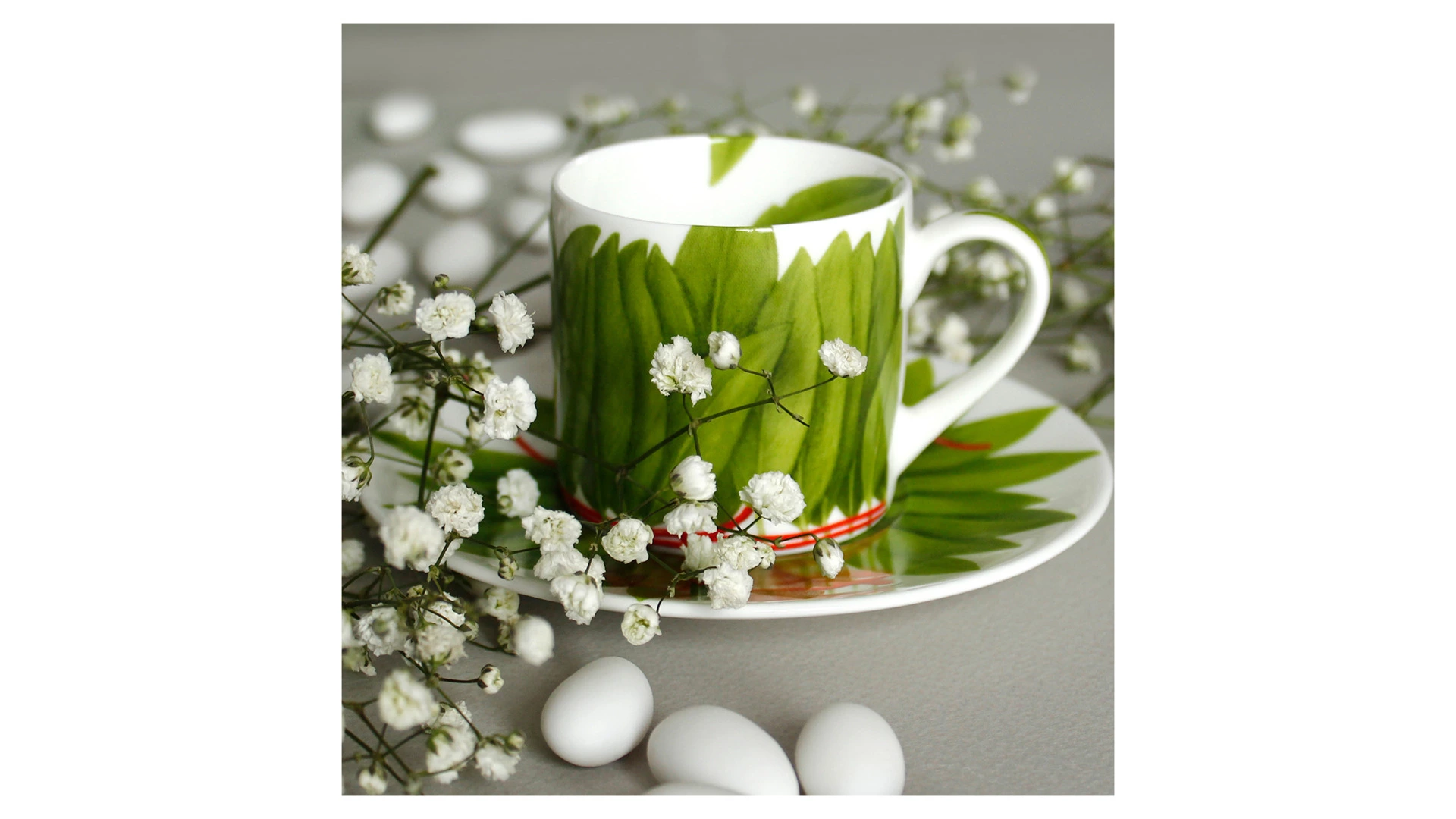 Чашка кофейная с блюдцем Taitu Лист с красной нитью 100 мл, фарфор костяной