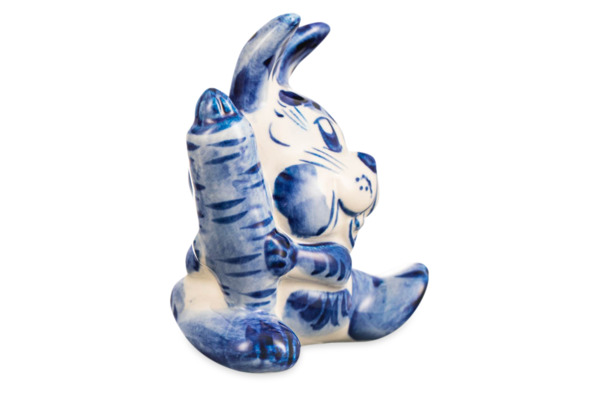 Скульптура Гжель Заяц 9,5 см, фарфор, бело-синий