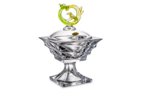 Конфетница на ножке с крышкой Cristal de Paris Миллениум h24 см, крышка с зеленым цветком
