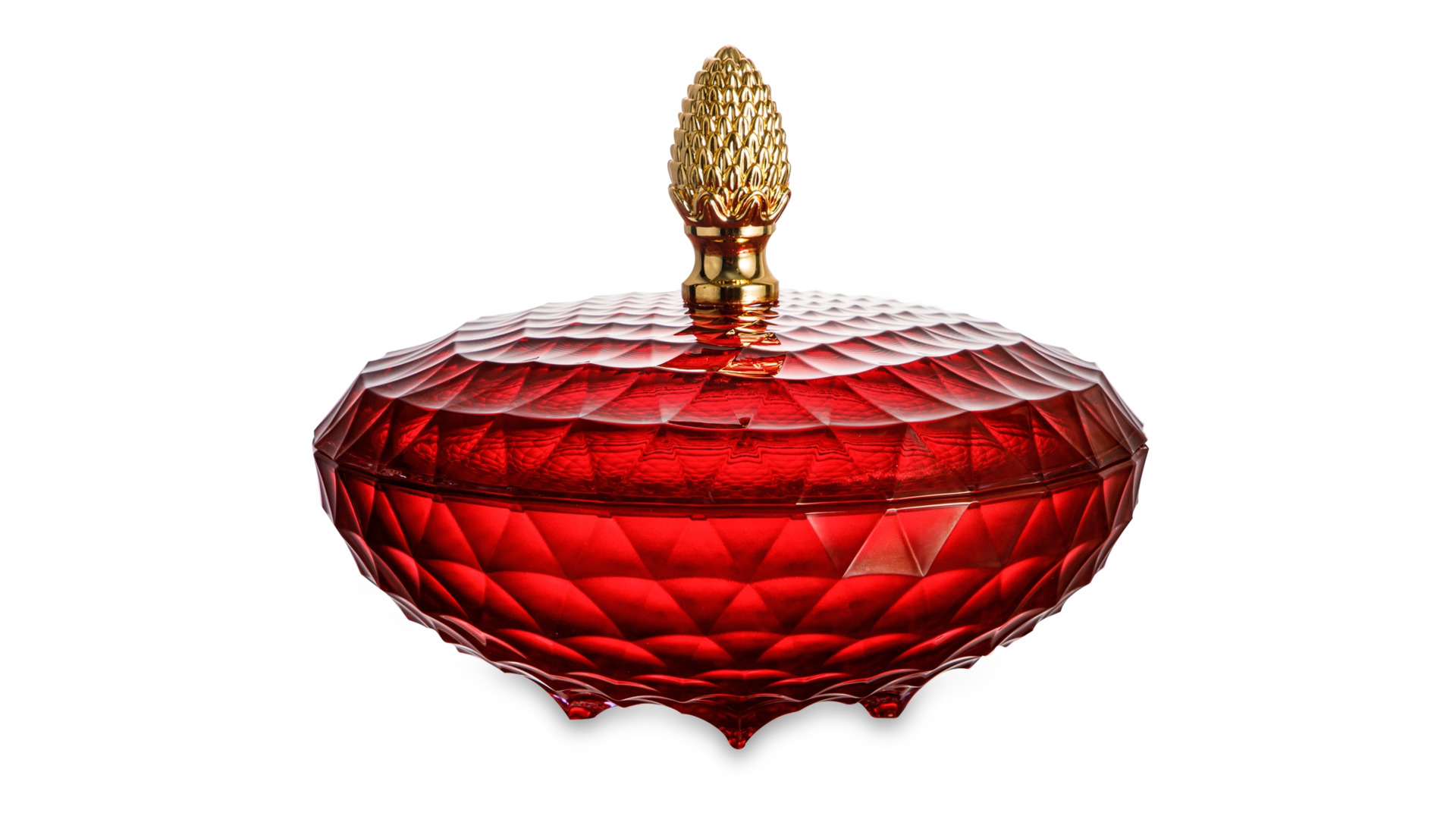Конфетница с крышкой Cristal de Paris Каскад 28 см, h18 см, красная, ручка золотой бутон