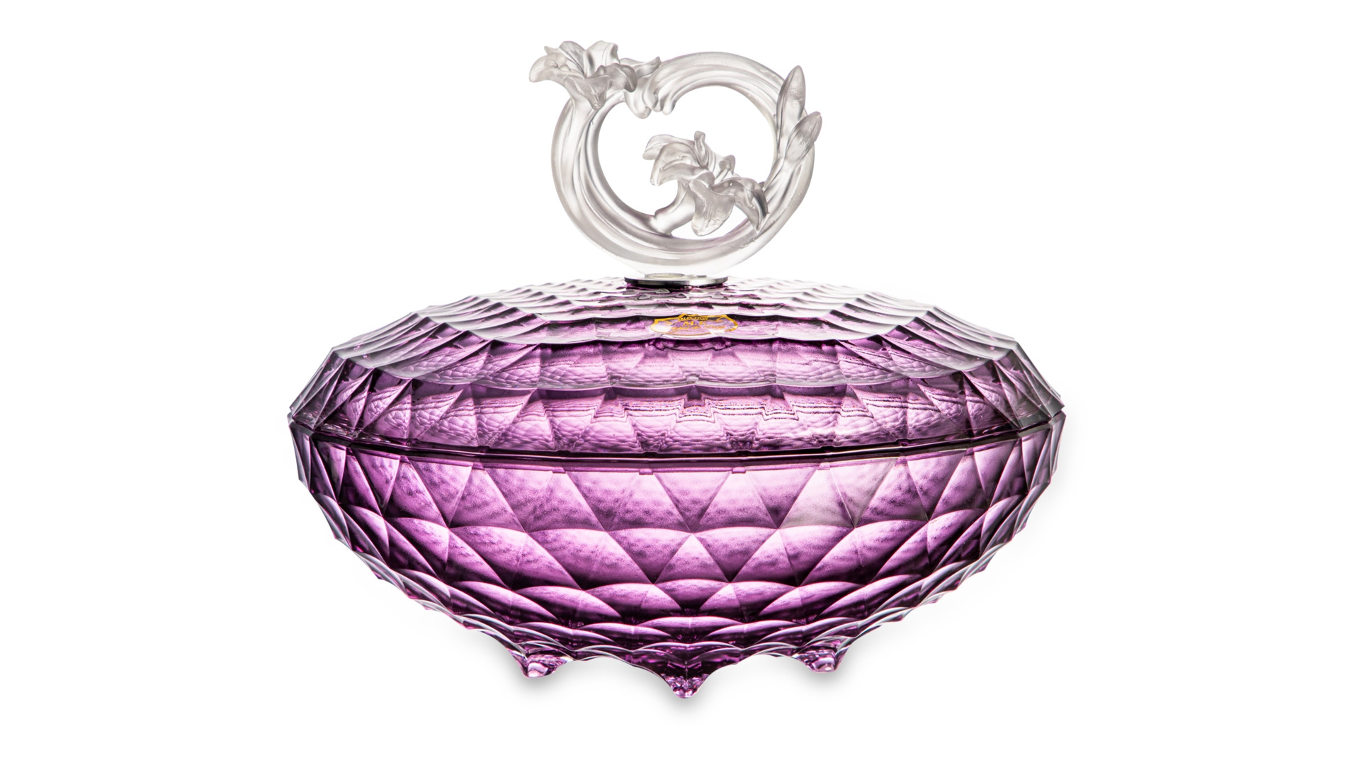 Конфетница с крышкой Cristal de Paris Каскад 28 см, h18 см, лиловая, ручка сатиновый цветок