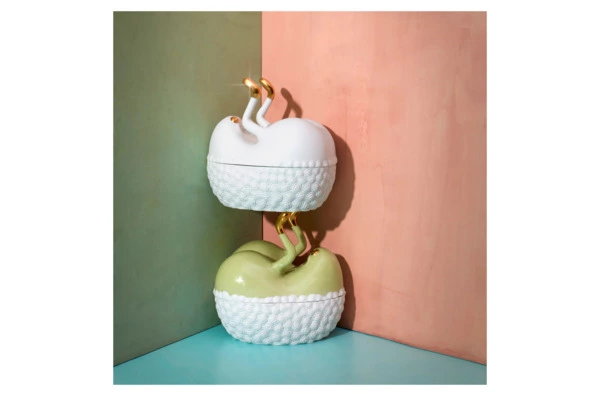 Чаша для закусок с крышкой L’Objet Хаас 17х13х16 см, белая, фарфор, позолота