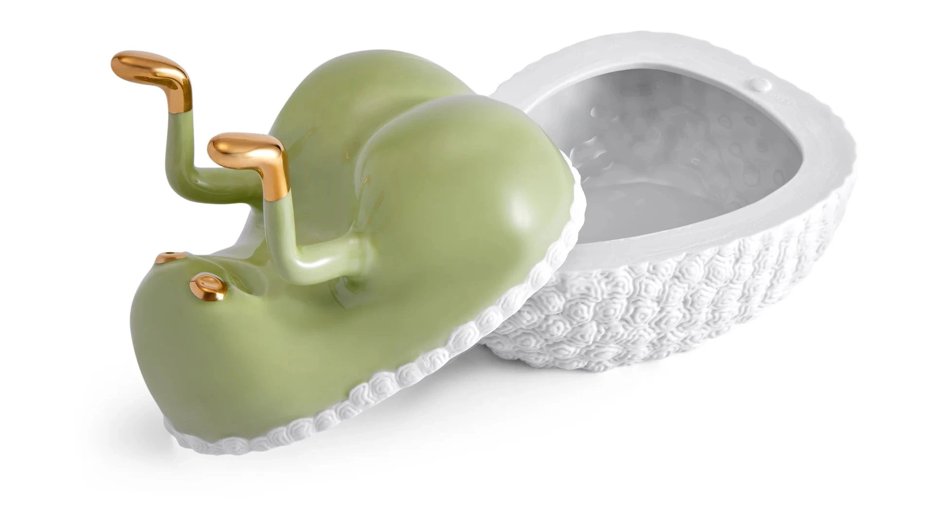 Чаша для закусок с крышкой L’Objet Хаас 17х13х16 см, белая с золотом, фарфор, позолота