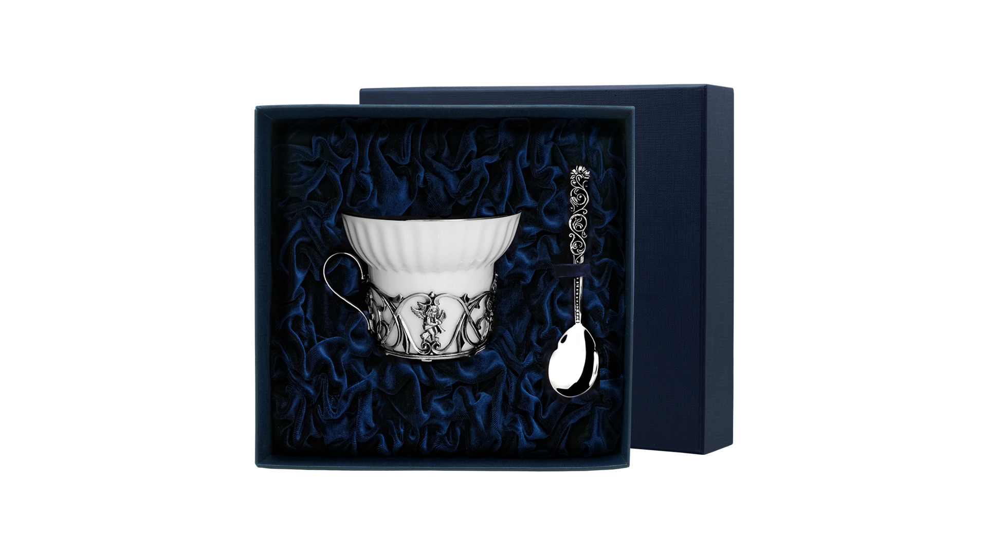 Чашка чайная с ложкой в футляре АргентА Ангел 67,34 г, 2 предмета, серебро 925, фарфор