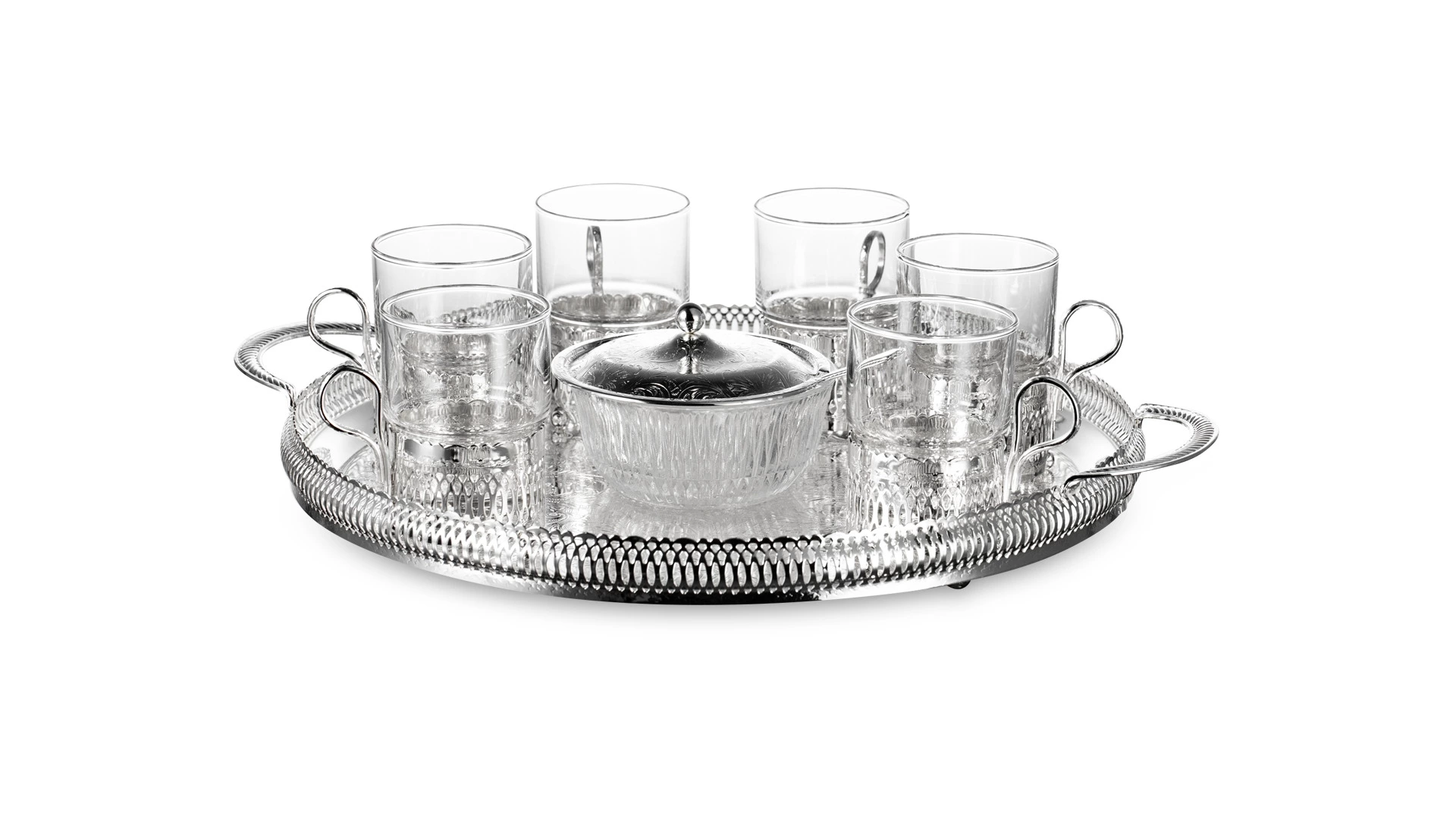 Набор для чая Queen Anne: поднос, сахарница, ложка, 6 стаканов с подстаканниками, сталь, стекло