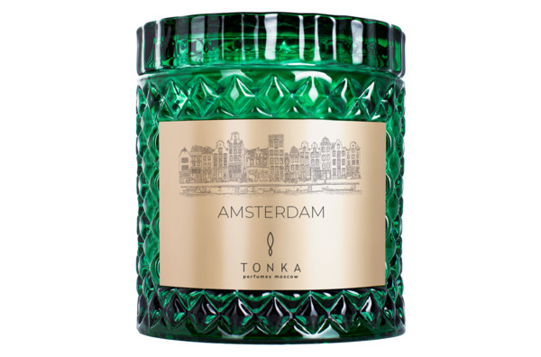 Свеча ароматическая Tonka Amsterdam 220 мл, стакан зеленый, тубус