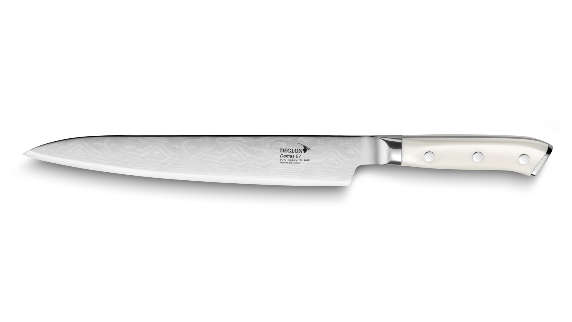Нож разделочный Deglon Дамаск 67 кованый 23 см, ручка белый пластик (кориан)