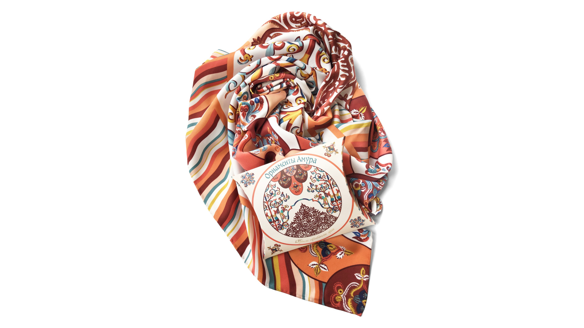 Платок Русские в моде Легенды народов Амура 90х90 см, шелк, вискоза, оранжевый, ручная подшивка