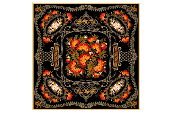 Платок сувенирный Русские в моде Тагильские подносы 90х90 см, шелк, вискоза, машинная подшивка