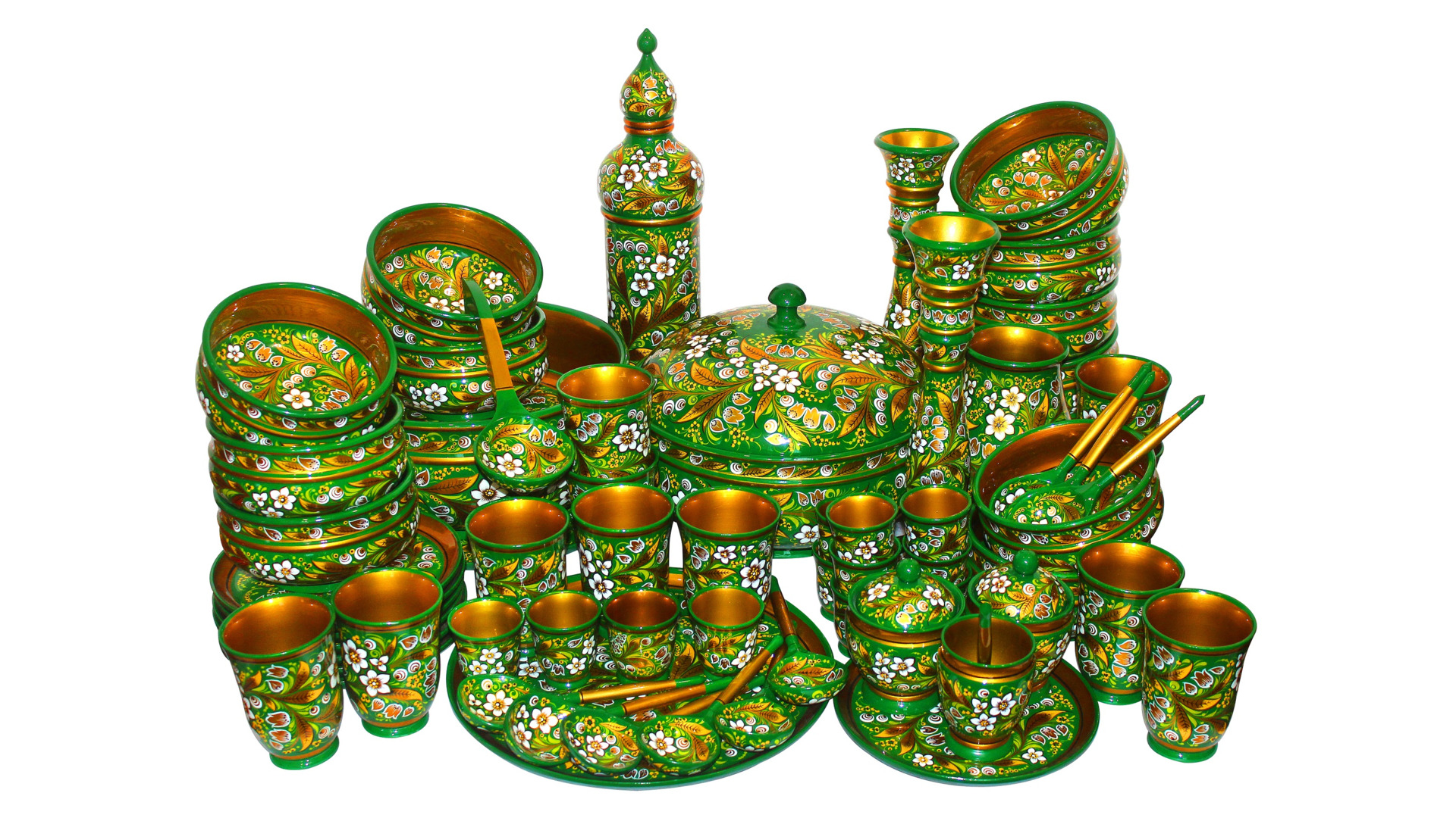 Набор посуды К празднику Хохломская роспись, 70 предметов, дерево