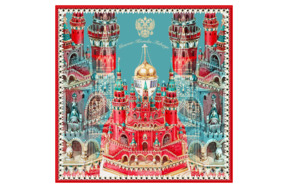 Платок сувенирный МД Нины Ручкиной Москва Кремль Фаберже с ручной подшивкой 90х90 см, шелк