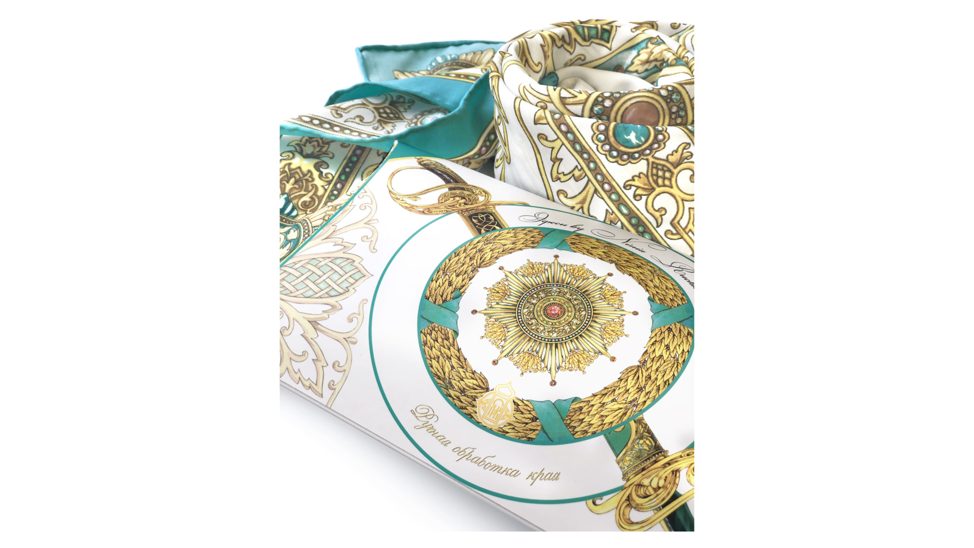 Платок сувенирный Русские в моде Эфесы 120х120 см, шелк, вискоза, машинная подшивка