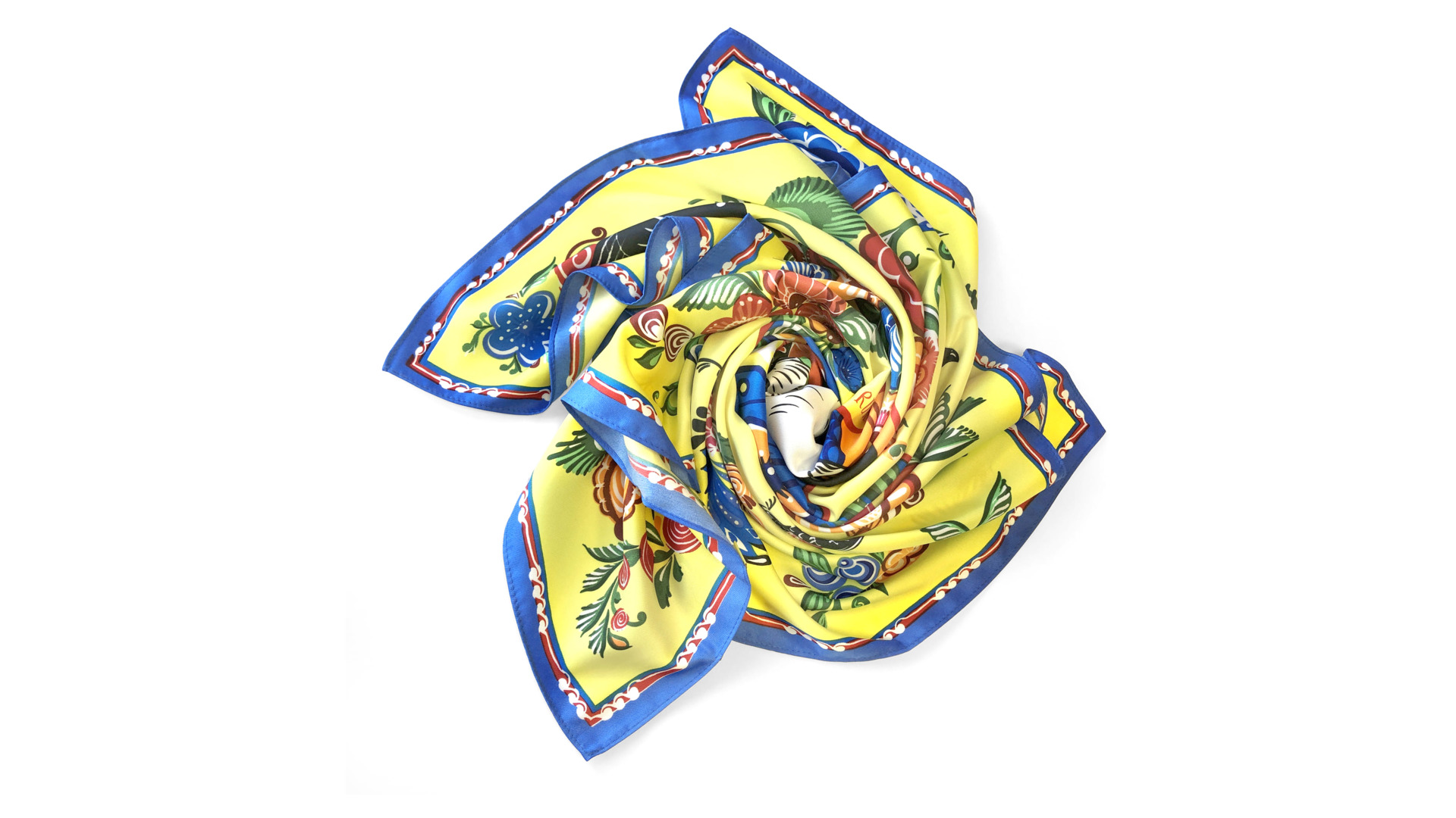 Платок сувенирный Русские в моде Городецкая роспись 90х90 см, шелк, вискоза, ручная подшивка