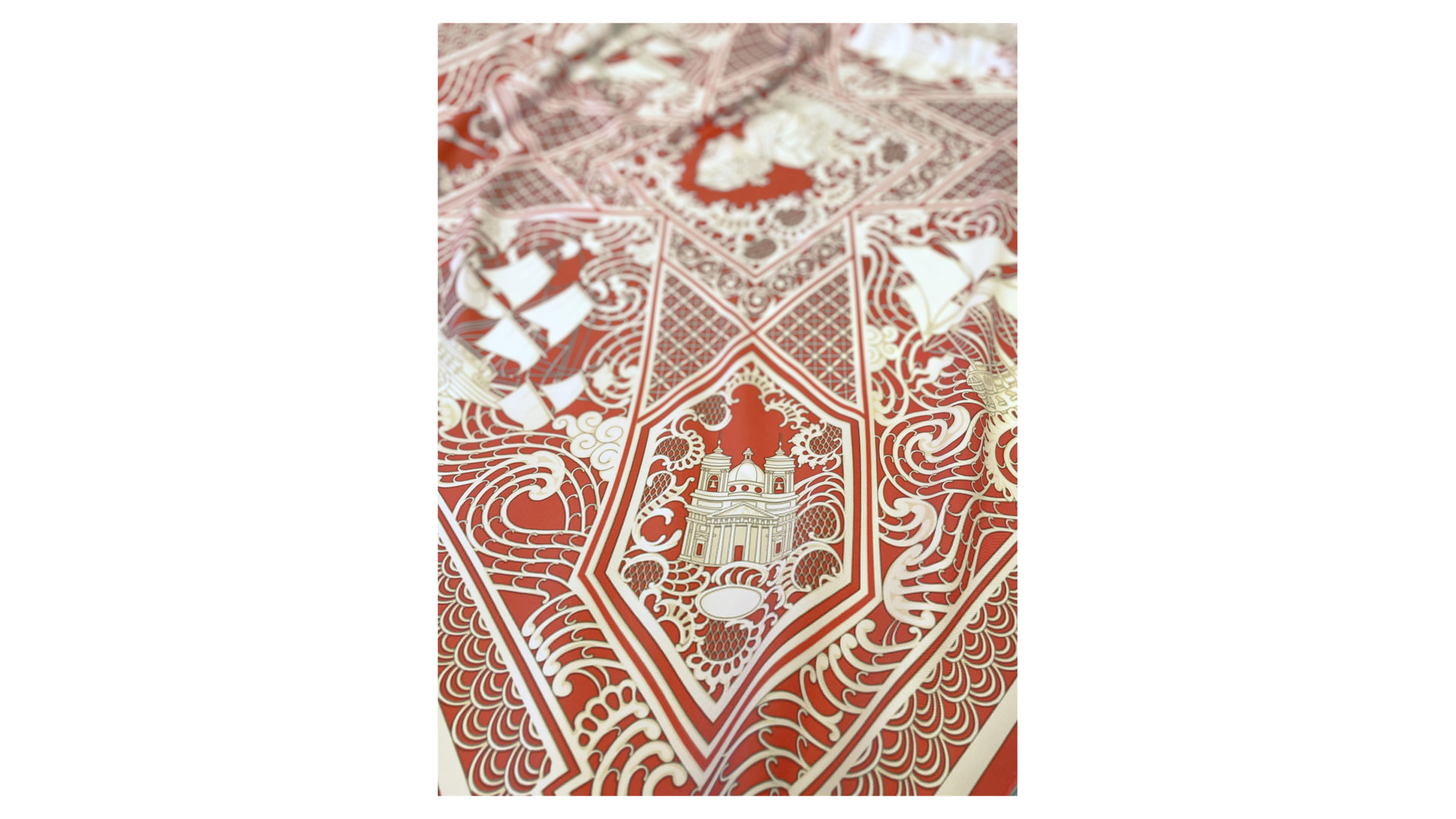 Платок сувенирный Русские в моде Резьба по кости 90х90 см, шелк, вискоза, машинная подшивка