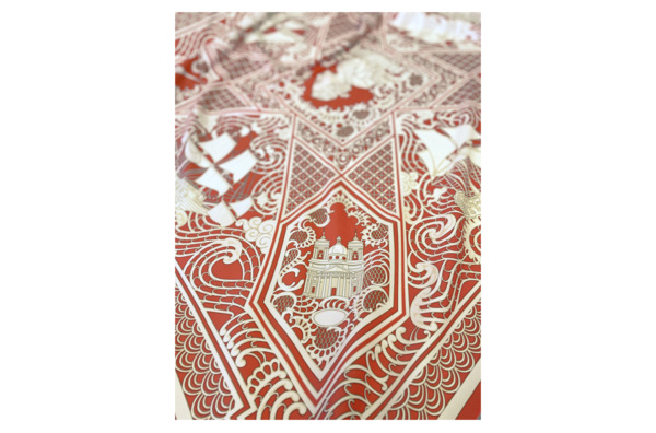 Платок сувенирный Русские в моде Резьба по кости 90х90 см, шелк, вискоза, ручная подшивка