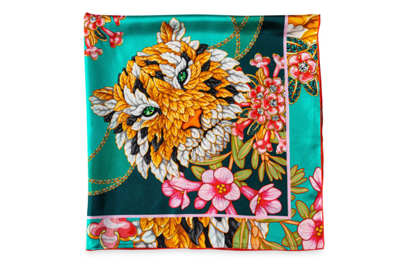 Платок сувенирный Русские в моде Драгоценные тигры 90х90 см, шелк, изумрудный, ручная подшивка