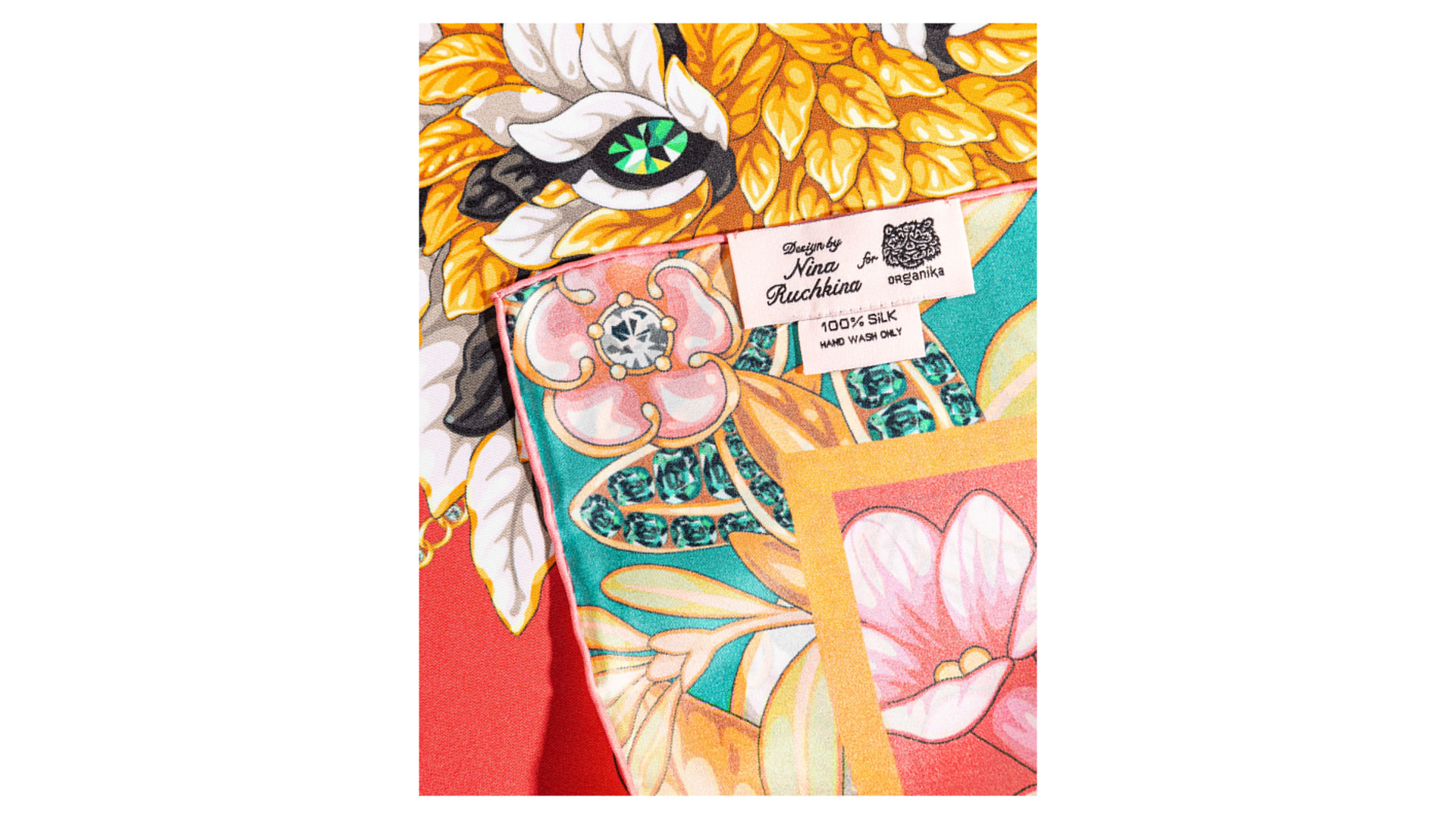 Платок сувенирный Русские в моде Драгоценные тигры 90х90 см, шелк, розовый, ручная подшивка