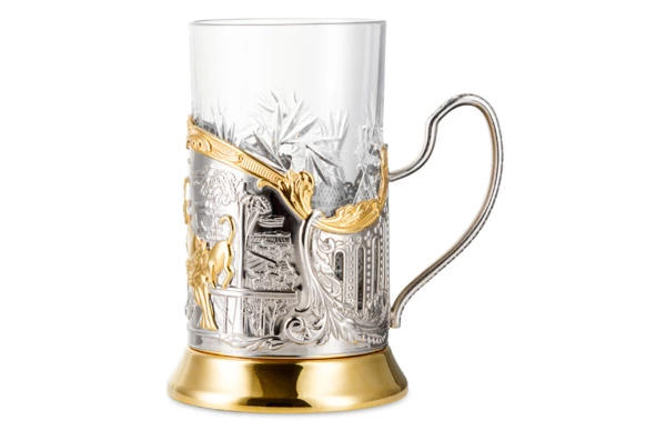 Стакан с подстаканником Кольчугинский мельхиор Купчиха с чернением и позолотой, латунь