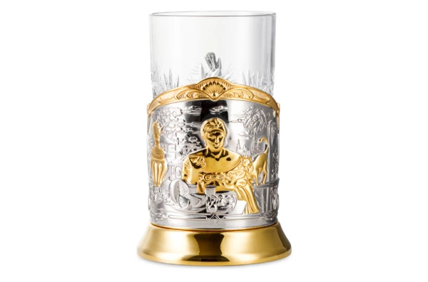Стакан с подстаканником Кольчугинский мельхиор Купчиха с чернением и позолотой, латунь