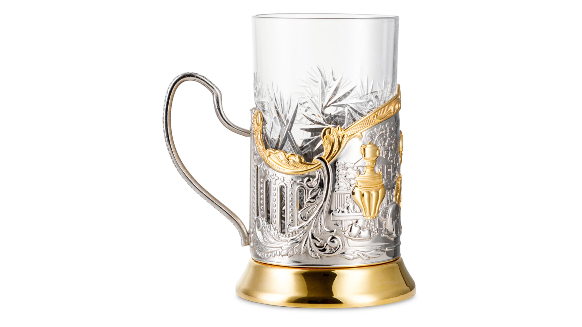 Стакан с подстаканником Кольчугинский мельхиор Купчиха с чернением и позолотой, латунь