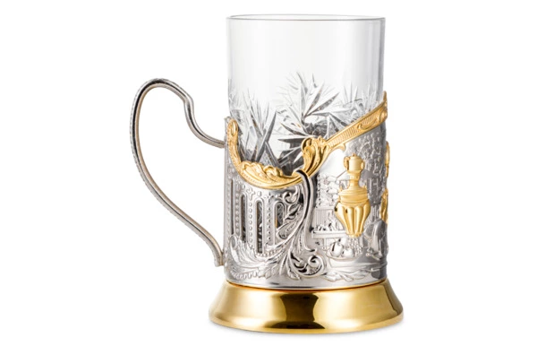 Стакан с подстаканником Кольчугинский мельхиор Купчиха с чернением и позолотой, латунь