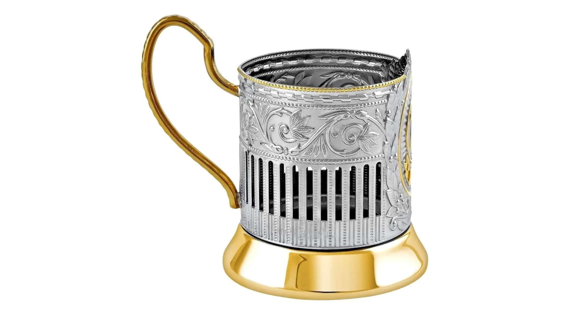 Стакан с подстаканником в футляре Кольчугинский мельхиор 70 лет Советский с чернением и позолотой, н