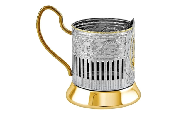 Стакан с подстаканником в футляре Кольчугинский мельхиор 70 лет Советский с чернением и позолотой, н