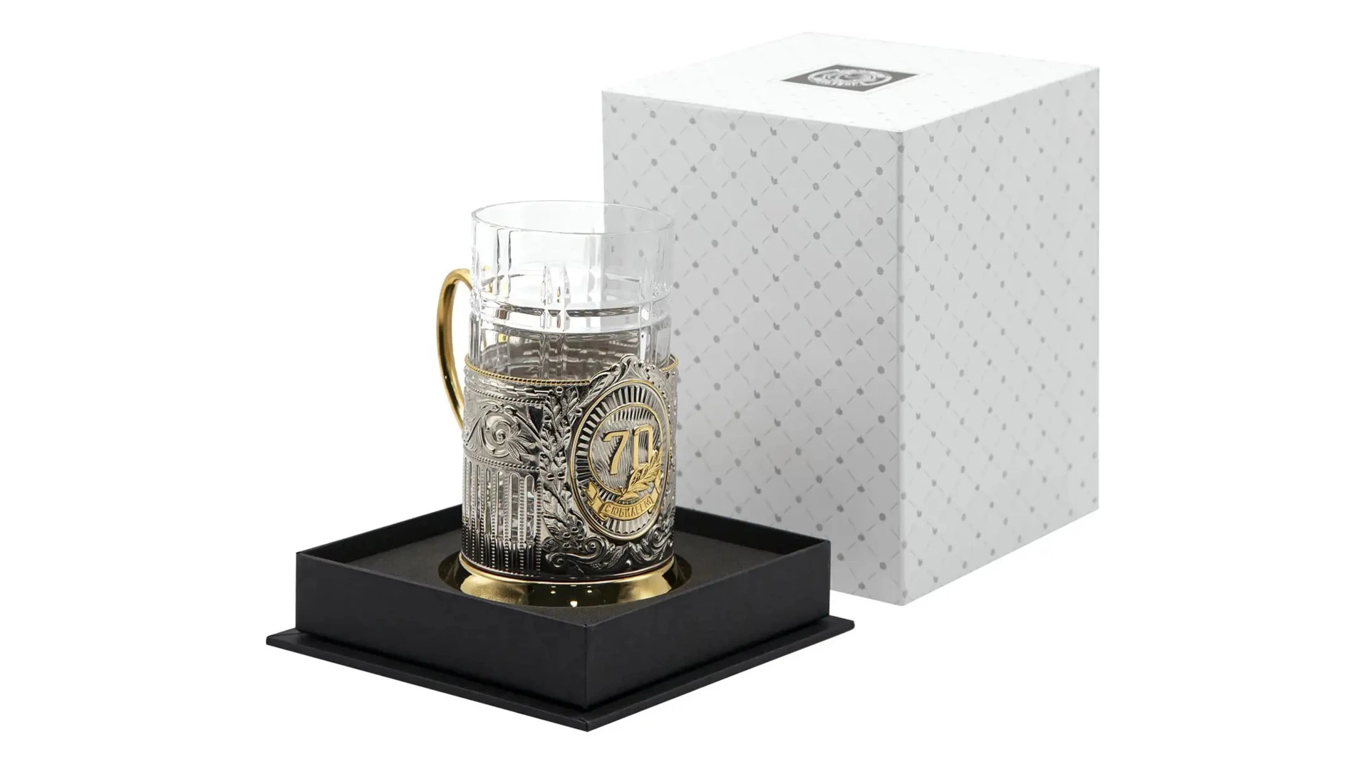 Стакан с подстаканником в футляре Кольчугинский мельхиор 70 лет Советский с чернением и позолотой, н
