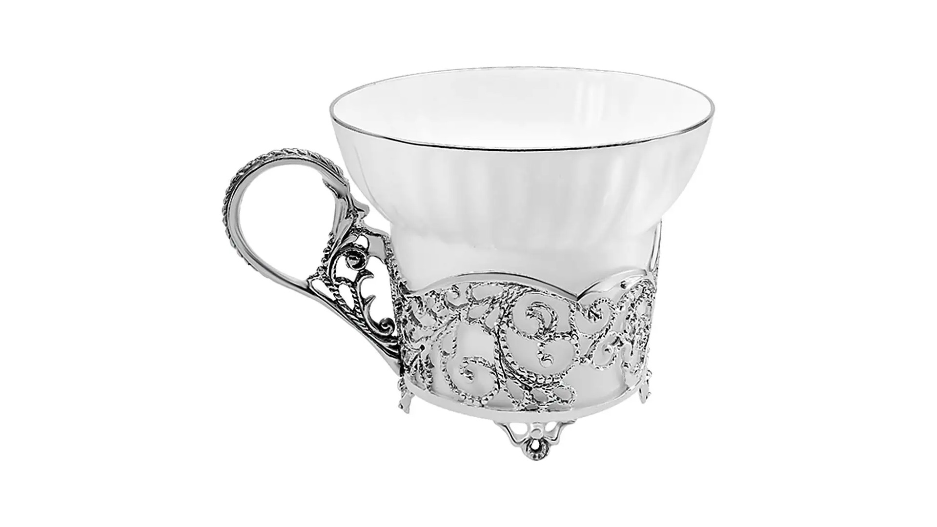 Чашка чайная с ложкой в футляре АргентА серебро 925 и Фарфор Кружевные узоры 69,14 г, серебро 925