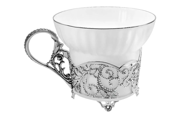 Чашка чайная с ложкой в футляре АргентА серебро 925 и Фарфор Кружевные узоры 69,14 г, серебро 925
