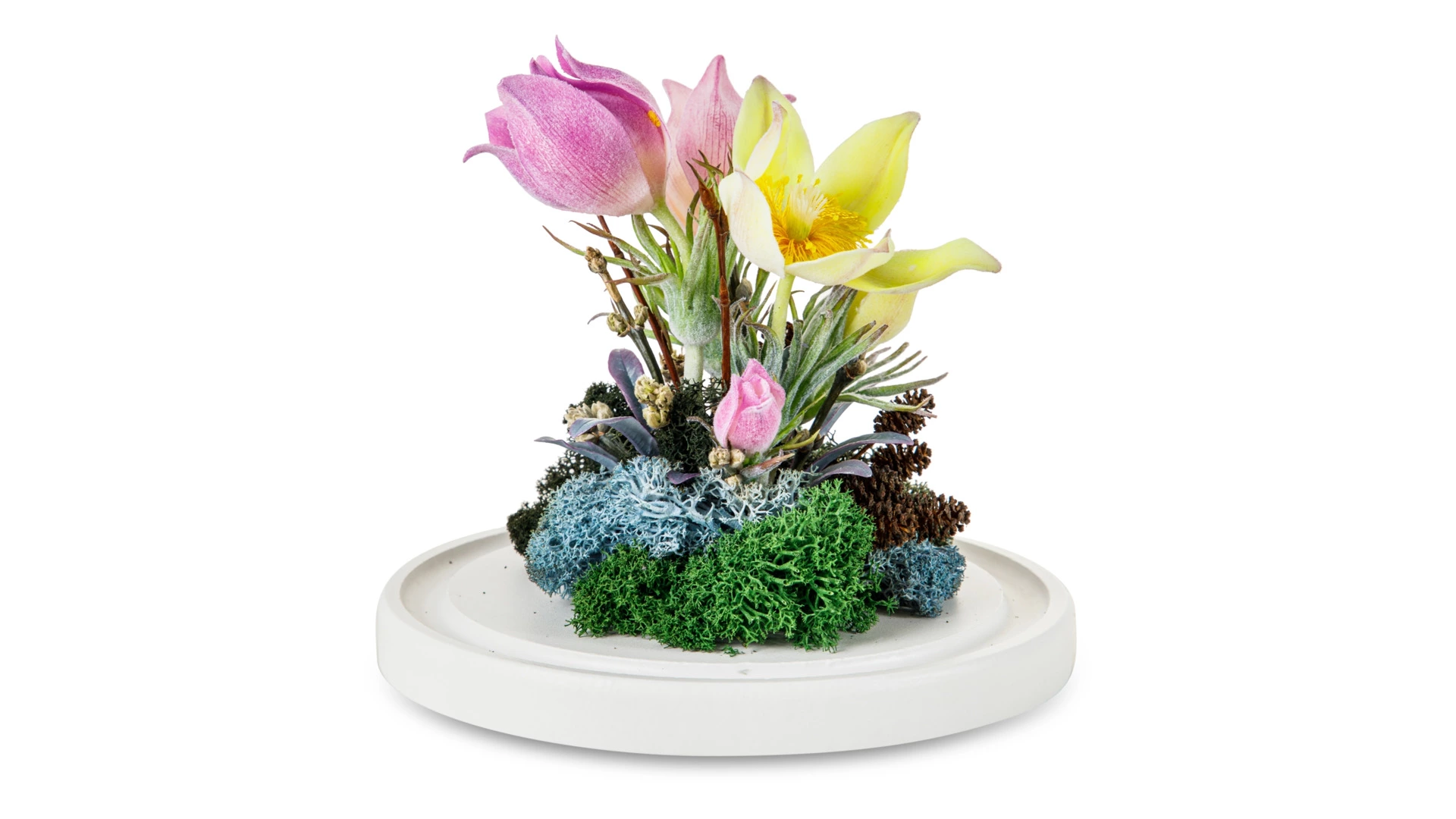 Лютики-первоцветы из холодного фарфора в куполе Н15, белая подставка МДФ