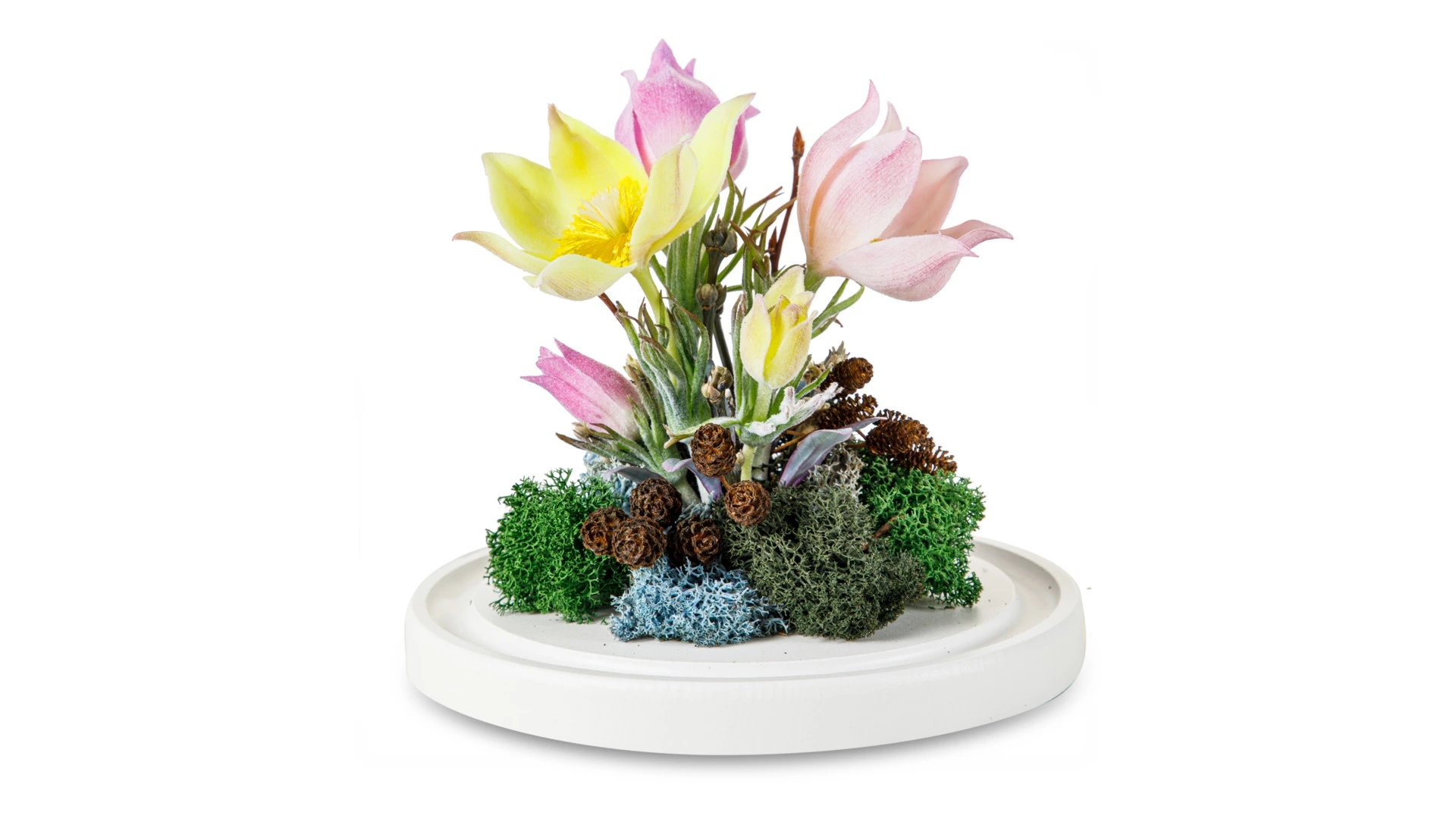 Лютики-первоцветы из холодного фарфора в куполе Н15, белая подставка МДФ