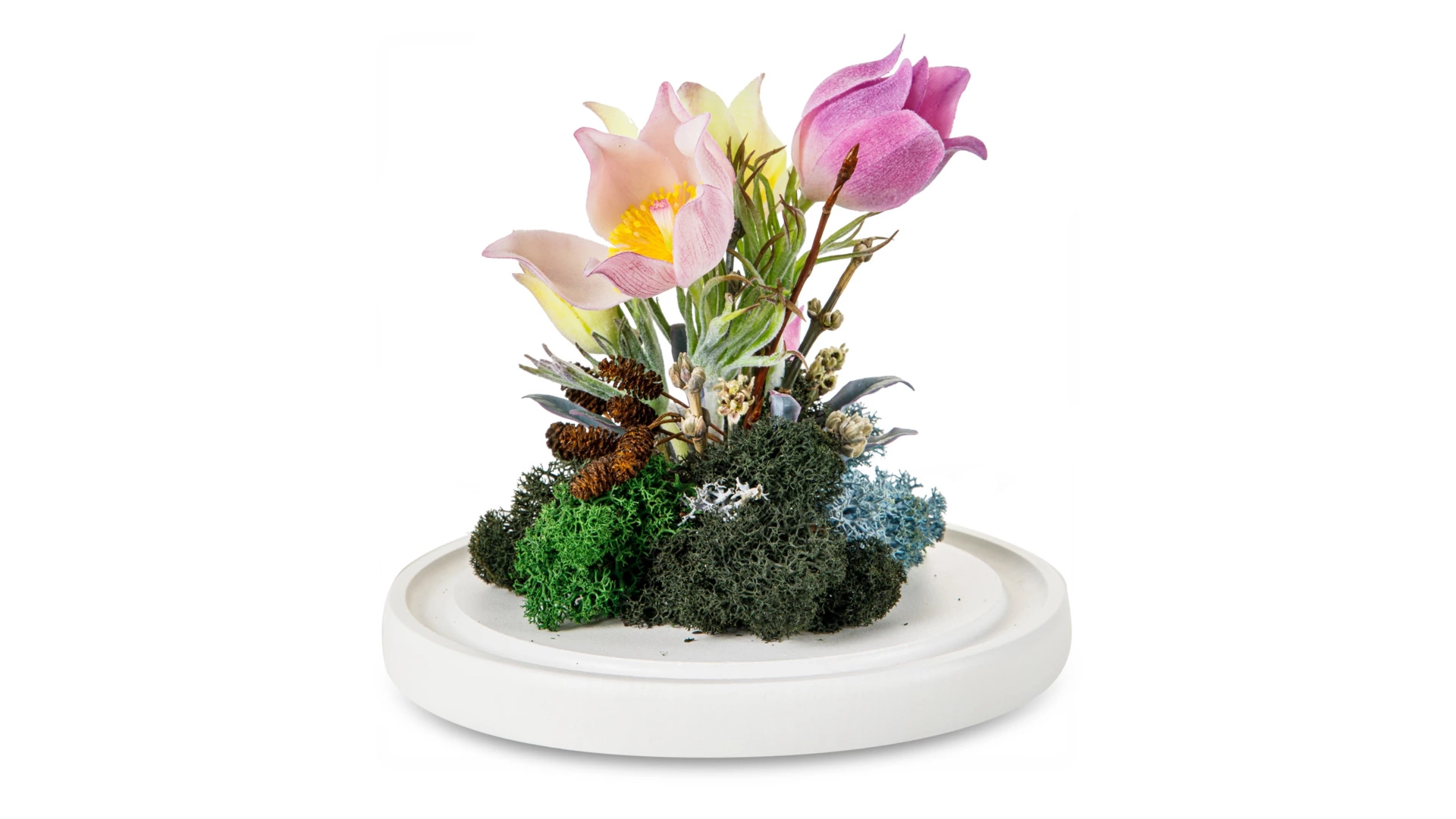 Лютики-первоцветы из холодного фарфора в куполе Н15, белая подставка МДФ