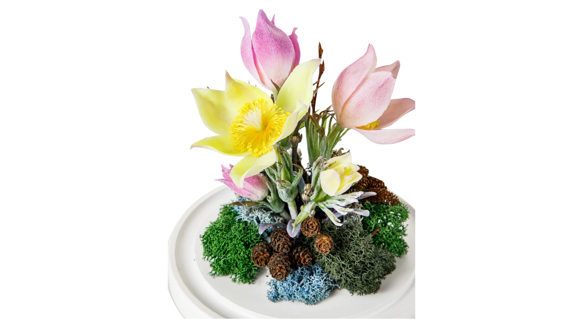 Лютики-первоцветы из холодного фарфора в куполе Н15, белая подставка МДФ