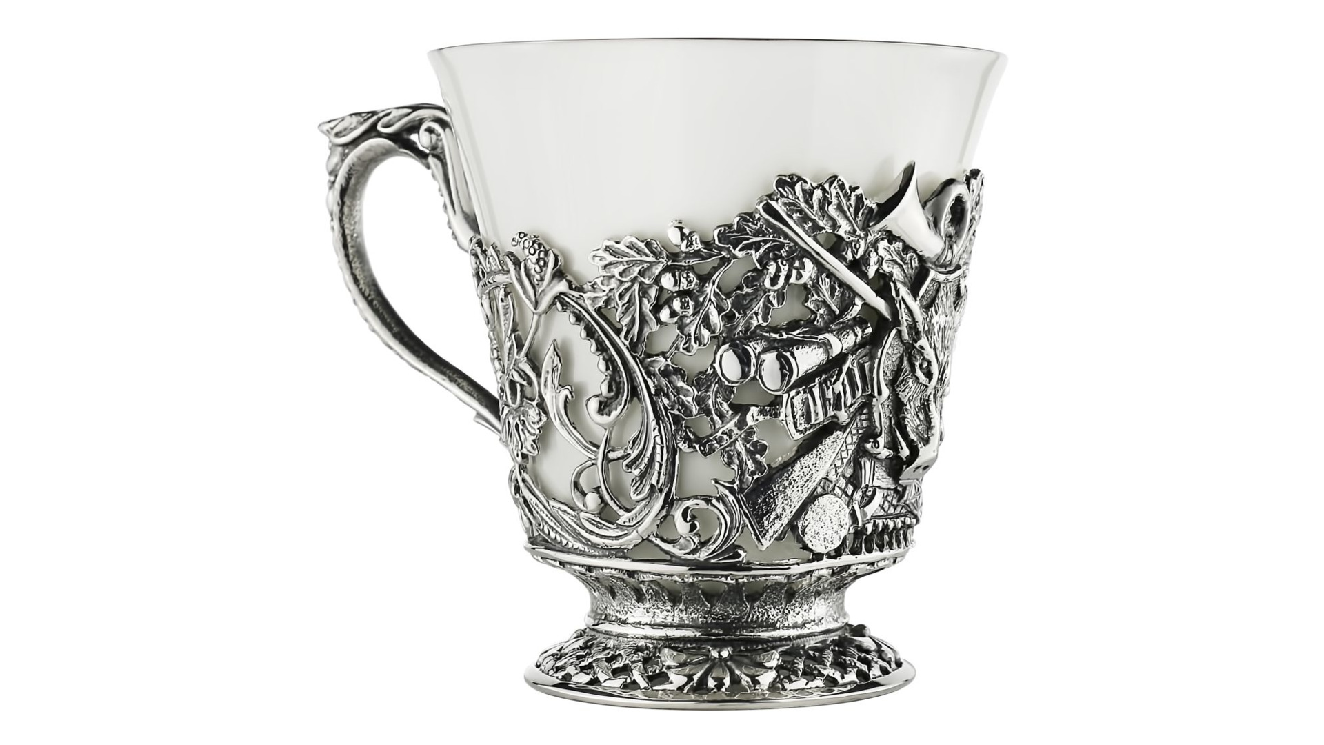Набор чайный в футляре Кольчугинский мельхиор Охотничий, 12 предметов, с посеребрением и чернением,