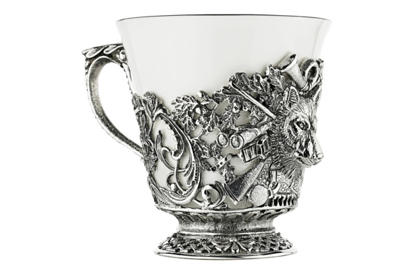 Набор чайный в футляре Кольчугинский мельхиор Охотничий, 12 предметов, с посеребрением и чернением,