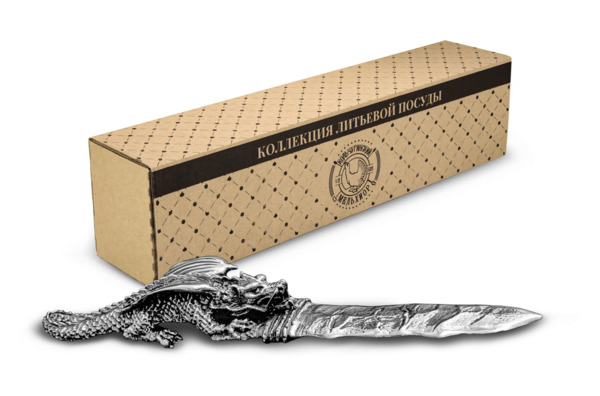 Нож для писем в коробке Кольчугинский мельхиор Дракон с посеребрением и чернением, латунь