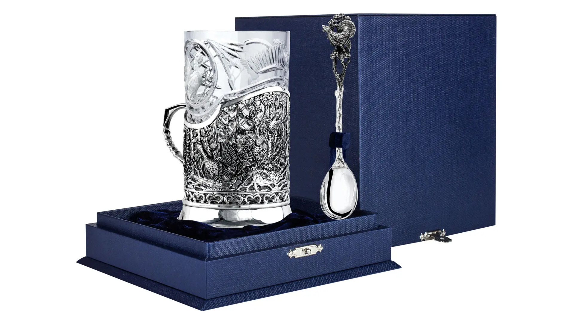 Набор чайный в футляре АргентА Classic Глухариная охота 236,62 г, 3 предмета, серебро 925